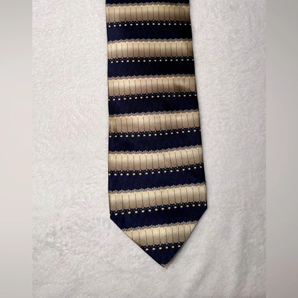 Valerio Garati Men's Silk Tie - Navy, Cream & Tan - Geometric Grid